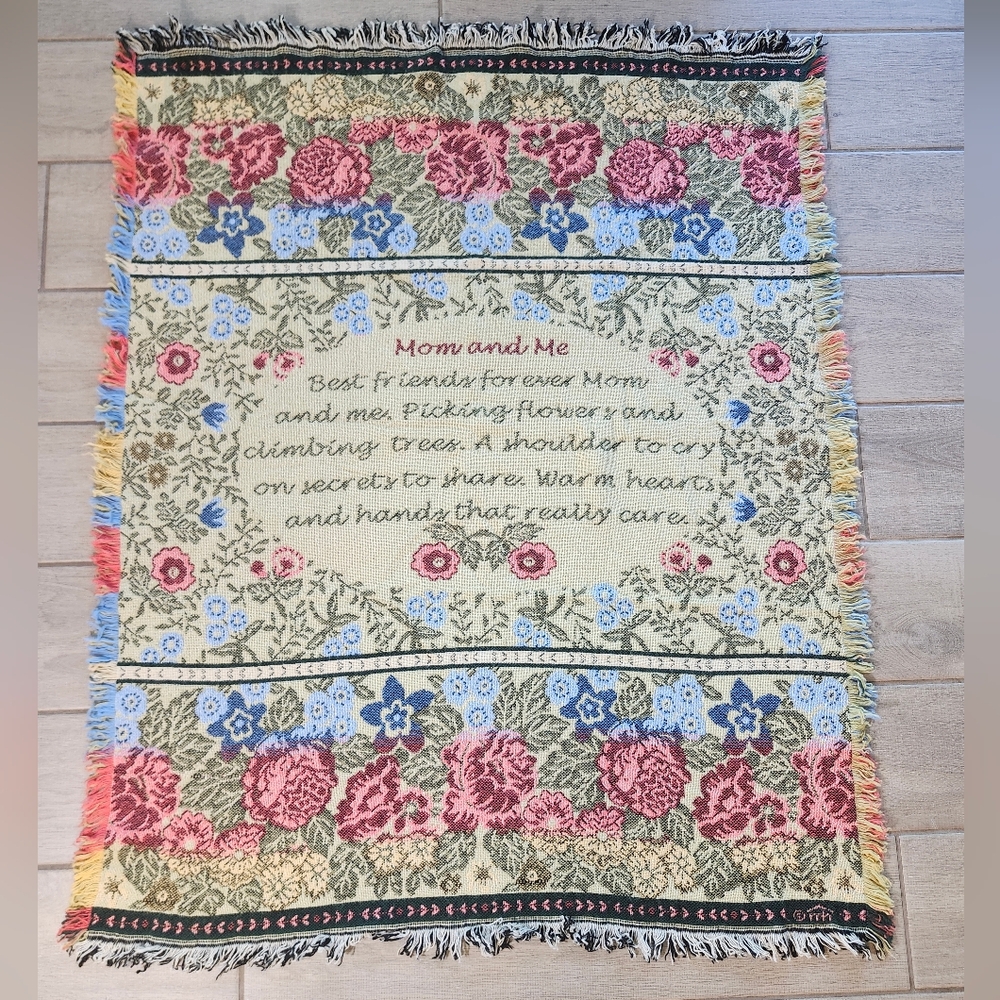 "Mom & Me" Poem Multicolor Floral Print Cotton Knit Fringe Throw Blanket 53"x43"